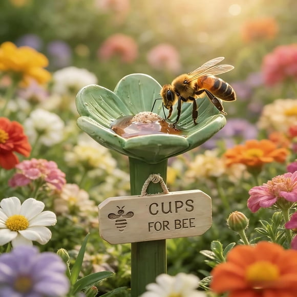 Flower-Shaped Ceramic Bee Watering Station, Bath for Bees, Colorful Butterfly Hydration Spots with Flower Design, Bee Cups for Garden Yard, Lawn, Patio, Balcony (Green)