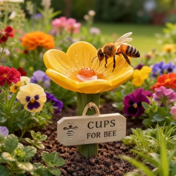 Flower-Shaped Ceramic Bee Watering Station, Hummingbird Feeder with Flower Design, Bee Pollinator Feeder Drinking Cup with Stake Base, Outdoor Pollinator Water Bowl with Textured Center (Yellow)