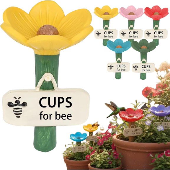 Flower-Shaped Ceramic Bee Watering Station, Hummingbird Feeder with Flower Design, Decorative Flowers Water Stations for Bees, Butterfly, Outdoor Pollinator Garden Decor (Yellow)