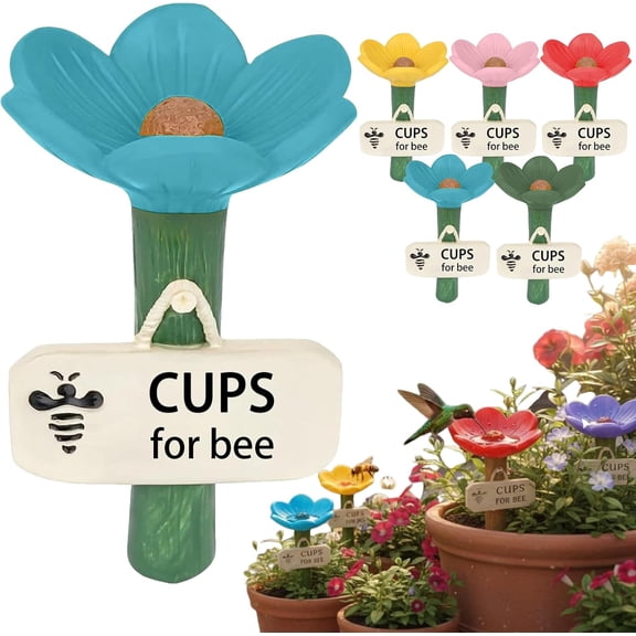 Flower-Shaped Ceramic Bee Watering Station, Hummingbird Feeder with Flower Design, Decorative Flowers Water Stations for Bees, Butterfly, Outdoor Pollinator Garden Decor (Blue)