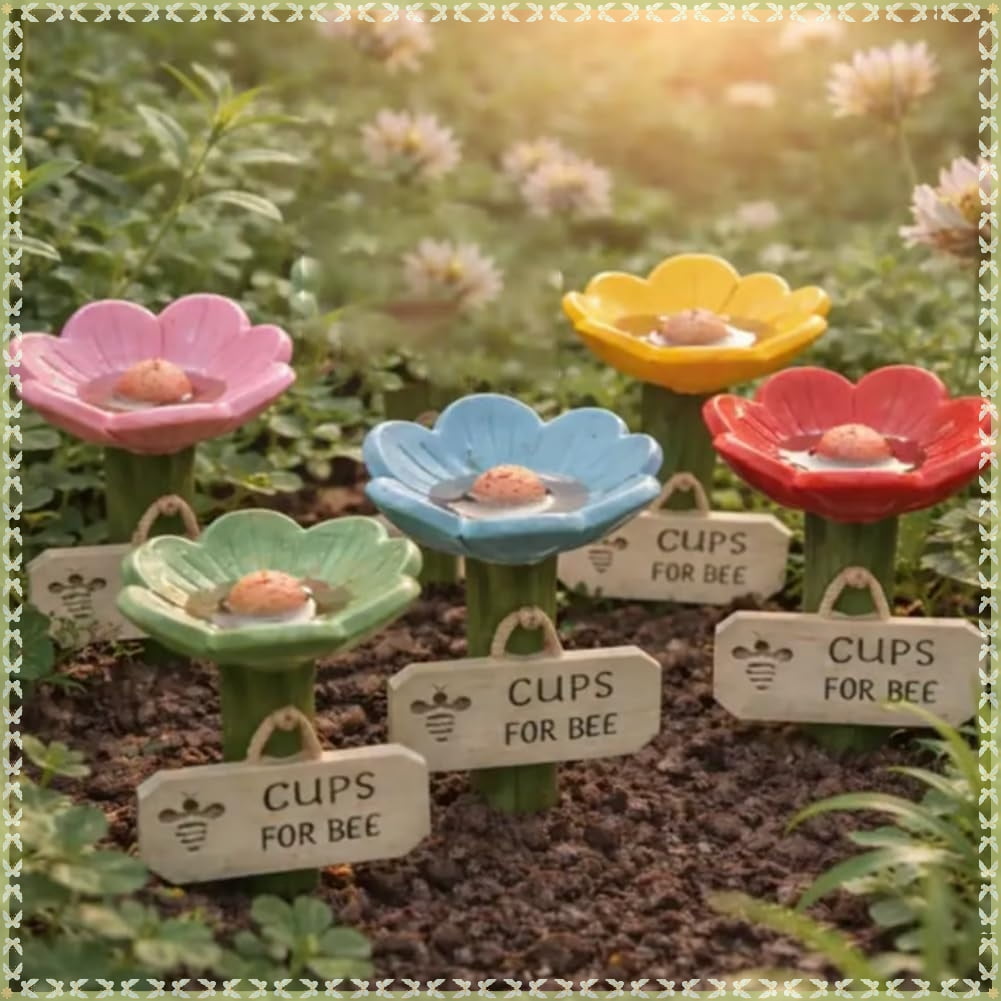 Flower-Shaped Ceramic Bee Watering Station, Hummingbird Feeder with Flower Design, Outdoor Pollinator Water Bowl with Textured Center, Bee Pollinator Feeder Drinking Cup with Stake Base(5pcs mix)