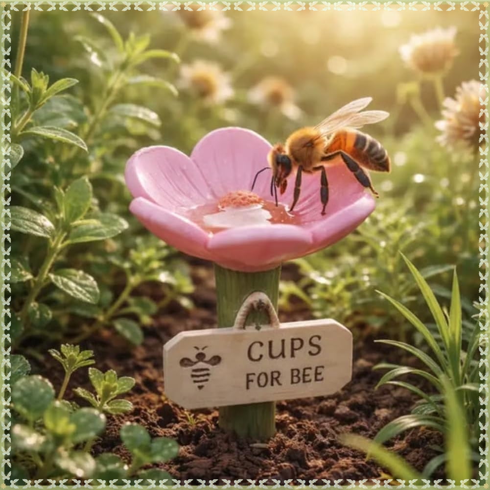Flower-Shaped Ceramic Bee Watering Station, Hummingbird Feeder with Flower Design, Outdoor Pollinator Water Bowl with Textured Center, Bee Pollinator Feeder Drinking Cup with Stake Base(Pink)