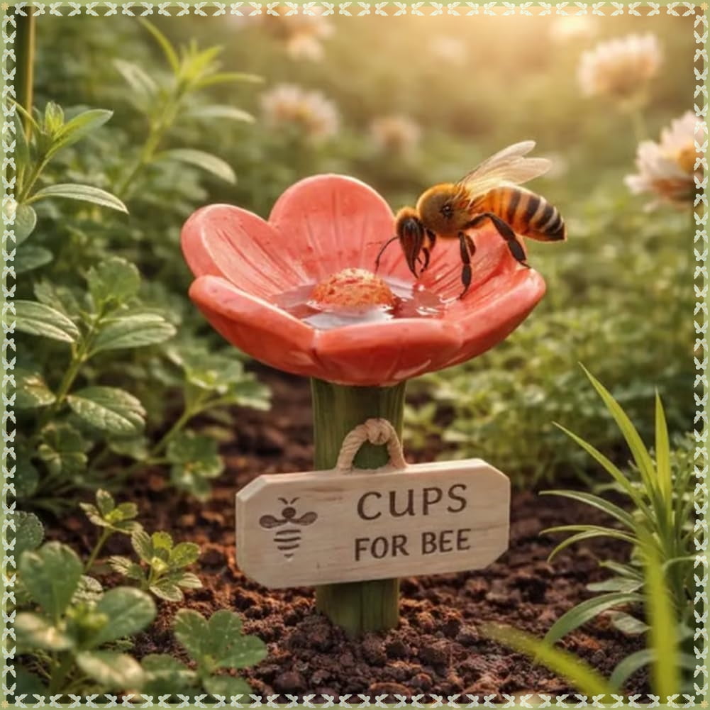 Flower-Shaped Ceramic Bee Watering Station, Hummingbird Feeder with Flower Design, Outdoor Pollinator Water Bowl with Textured Center, Bee Pollinator Feeder Drinking Cup with Stake Base(Red)