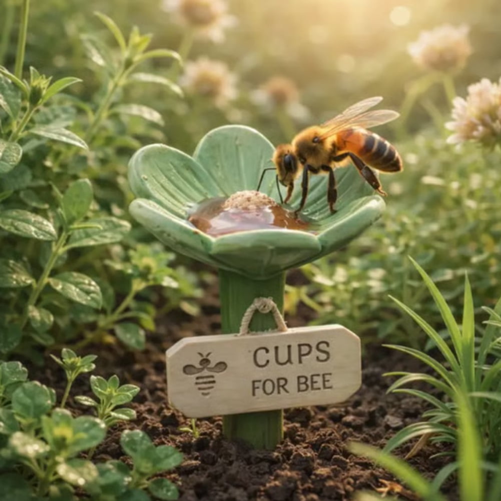 Flower-Shaped Ceramic Bee Watering Station, Hummingbird Feeder with Flower Design, Outdoor Pollinator Water Bowl with Textured Center, Bee Pollinator Feeder Drinking Cup with Stake Base