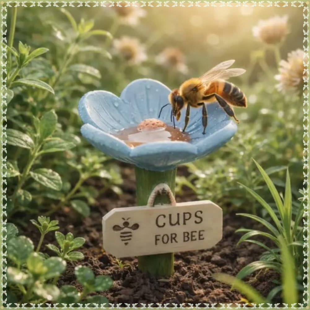 Flower-Shaped Ceramic Bee Watering Station, Hummingbird Feeder with Flower Design, Outdoor Pollinator Water Bowl with Textured Center, Bee Pollinator Feeder Drinking Cup with Stake Base(Blue)