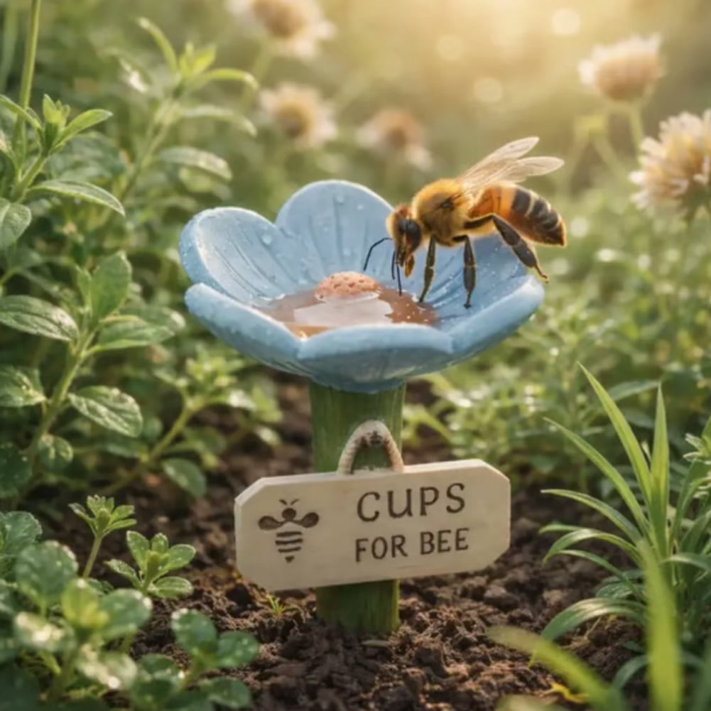 Flower-Shaped Ceramic Bee Watering Station, Hummingbird Feeder with Flower Design, Outdoor Pollinator Water Bowl with Textured Center, Bee Pollinator Feeder Drinking Cup with Stake Base
