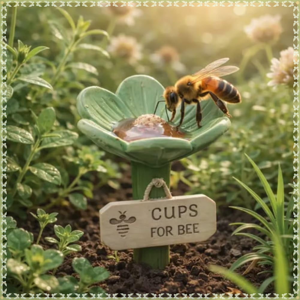 Flower-Shaped Ceramic Bee Watering Station, Hummingbird Feeder with Flower Design, Outdoor Pollinator Water Bowl with Textured Center, Bee Pollinator Feeder Drinking Cup with Stake Base(Green)