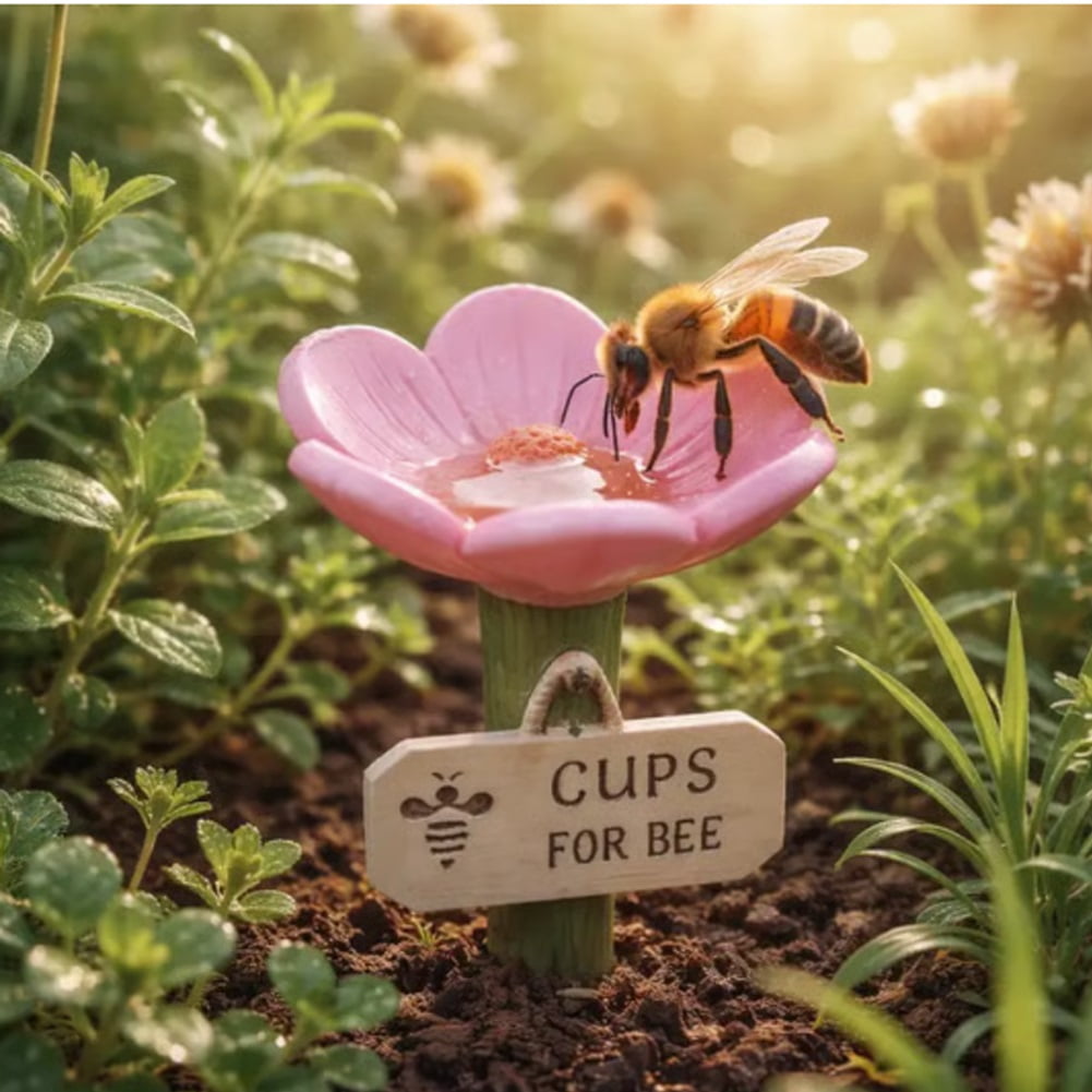 Flower-Shaped Ceramic Bee Watering Station, Hummingbird Feeder with Flower Design, Outdoor Pollinator Water Bowl with Textured Center, Bee Pollinator Feeder Drinking Cup with Stake Base