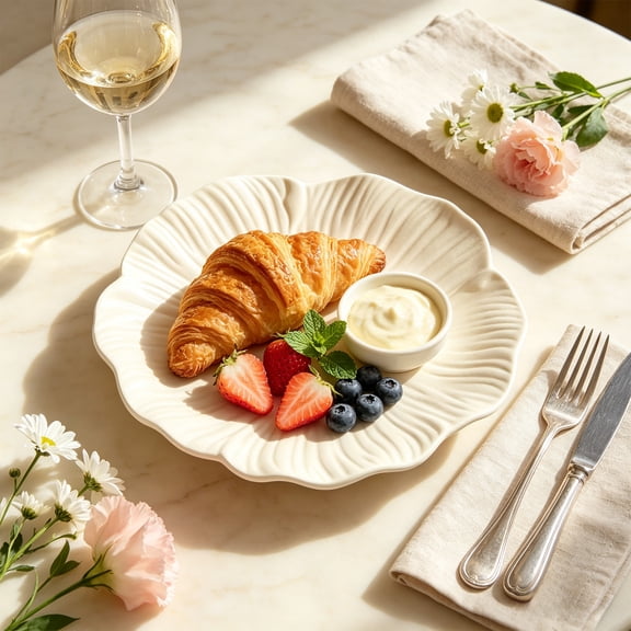 Flower Shaped Ceramic Dinner Plate, 10-Inch Embossed Floral Serving Platter for Dessert, Salad and Table Decor