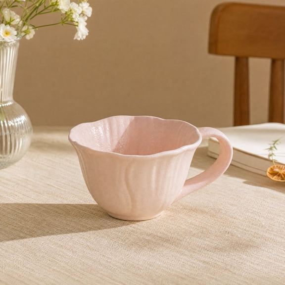 Flower Shaped Ceramic Mug, Petal Edge Coffee Cup with Elegant Embossed Design, Decorative Tea and Beverage Cup for Home Kitchen Dining Table Morning Coffee and Housewarming Gifts