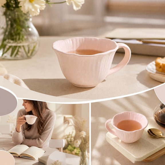 Flower-Shaped Ceramic Mug, Petal-Shaped Ceramic Drinkware, Embossed Decorative Coffee Mug, Daily Cup for Coffee, Tea, Home and Desk Use, Living Room Seasonal Decor, Pink, 5.79 x 4.45 x 2.76 in