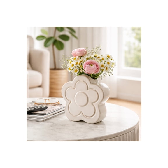 Decorative Ceramic Flower Vase for Living Room Decor - Contemporary Home Decor Accent for Bedroom, Office, and Table Centerpiece - Bud Vase for House Display or Shelf Styling - 7", Ivory