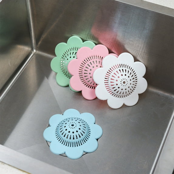 Flower-Shaped Drain Protector - Reusable Sink Hair Catcher Strainer, 13x13cm/5.12x5.12in, White/Blue/Green, TPR Plastic Anti-Clog Filter for Kitchen & Bathroom