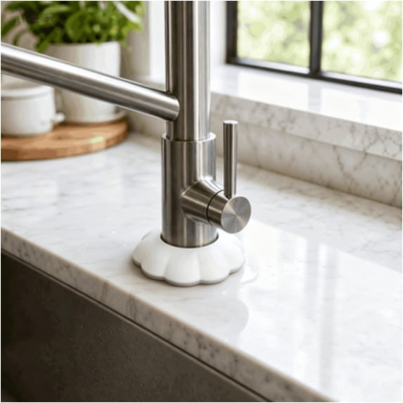 Flower Shaped Faucet Water Retaining Ring, Waterproof Splash Guard Soft Elastic Drainage Blocker, Anti Stain Countertop Accessory for Standard Kitchen Bathroom Faucets White