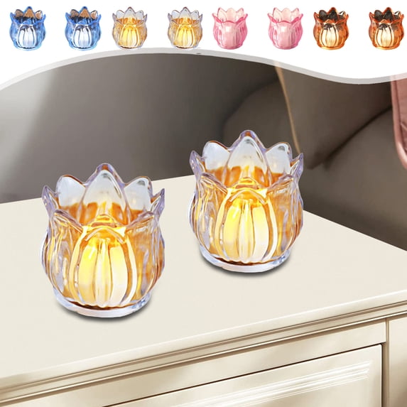 Flower-Shaped Glass Tealight Candle Holders, Set of 2, Clear Colored Votive Cups for Wedding Party Table Centerpieces and Mood Lighting