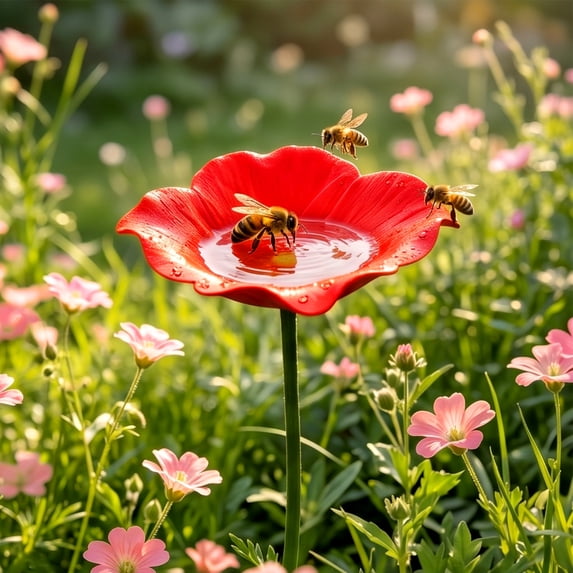 Flower Shaped Pollinator Waterer Feeder With Metal Stake Outdoor Garden Decor Butterfly Hummingbird Feeder For Yard Backyard Patio Insect Waterer