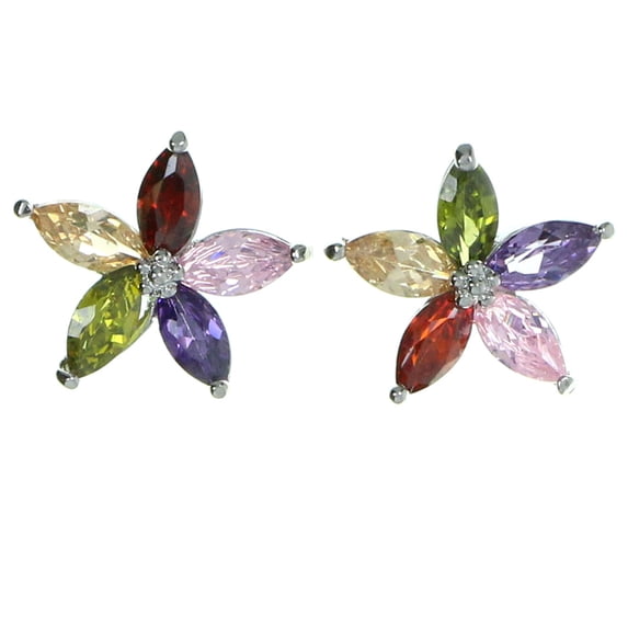 Flower Shaped Post Earrings With Multi-Colored CZ Accent For Women Silver-Tone