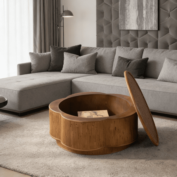 Flower-Shaped Rattan Coffee Table with Lift-Off Lid Storage  Boho-Chic Style Accent Table for Cozy Living Rooms, Apartments, Compact Spaces, Natural