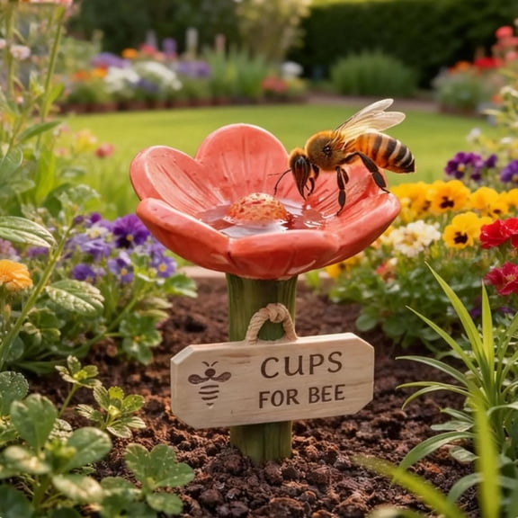 Flower-Shaped Resin Bee Watering Station, Hummingbird Feeder with Flower Design, Bee Pollinator Feeder Drinking Cup with Stake Base, Outdoor Pollinator Water Bowl with Textured Center (Red)