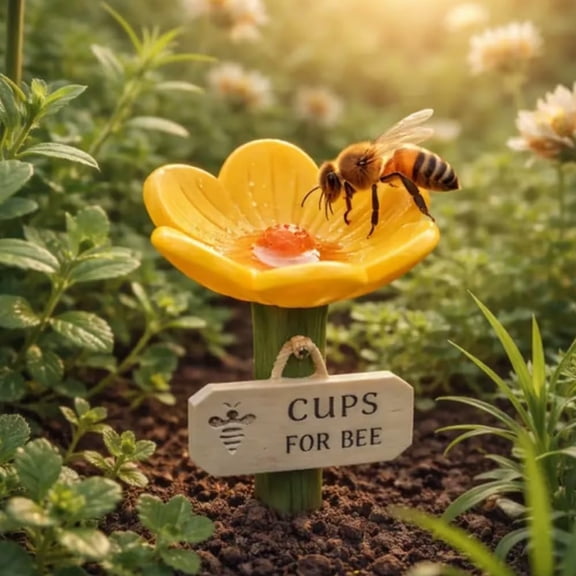 Flower-Shaped Resin Bee Watering Station, Hummingbird Feeder with Flower Design, Outdoor Pollinator Water Bowl with Textured Center, Bee Pollinator Feeder Drinking Cup with Stake Base(Yellow)