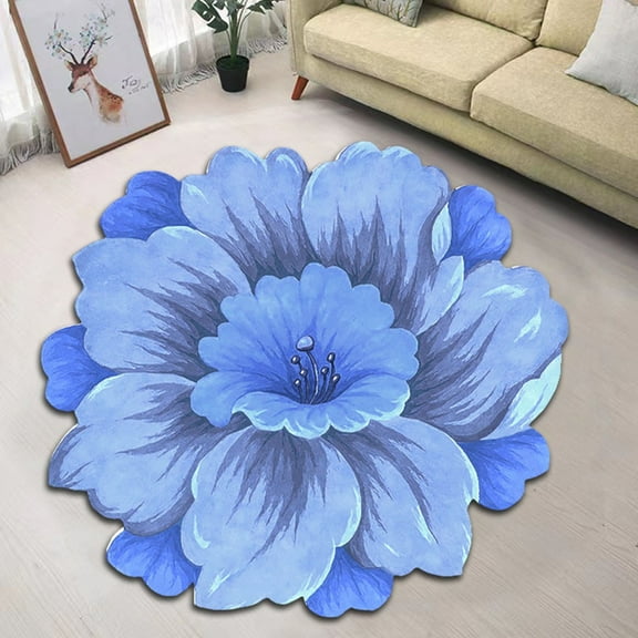 Flower Shaped Rug Blue Lotus Carpet Trendy Area Rugs Non Slip Water Absorption Doormat for Bedroom Bedside Living Room Bathroom Kitchen Floor Mat, Diameter 15.75 inches