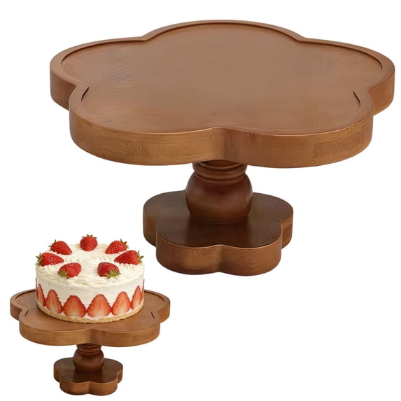 Flower-Shaped Rustic Wood Cake Stand – Acacia Wood Dessert Riser, Multi-Use Serving Tray, Farmhouse Cake Pedestal, Compact Home & Event Dessert Holder