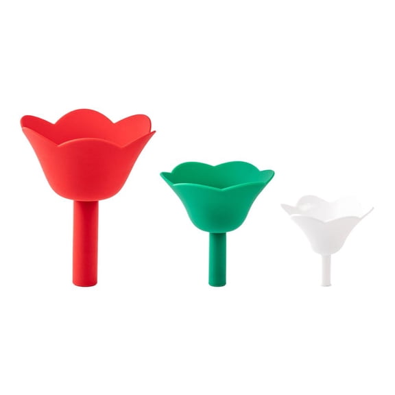 Flower Shaped Silicone Kitchen Funnel Set, Robust Food-Grade Liquid & Powder Disperser, Sturdy Resilient 3-Pack Nesting Space-Saving Oil Transfer Tools, Color-Coded