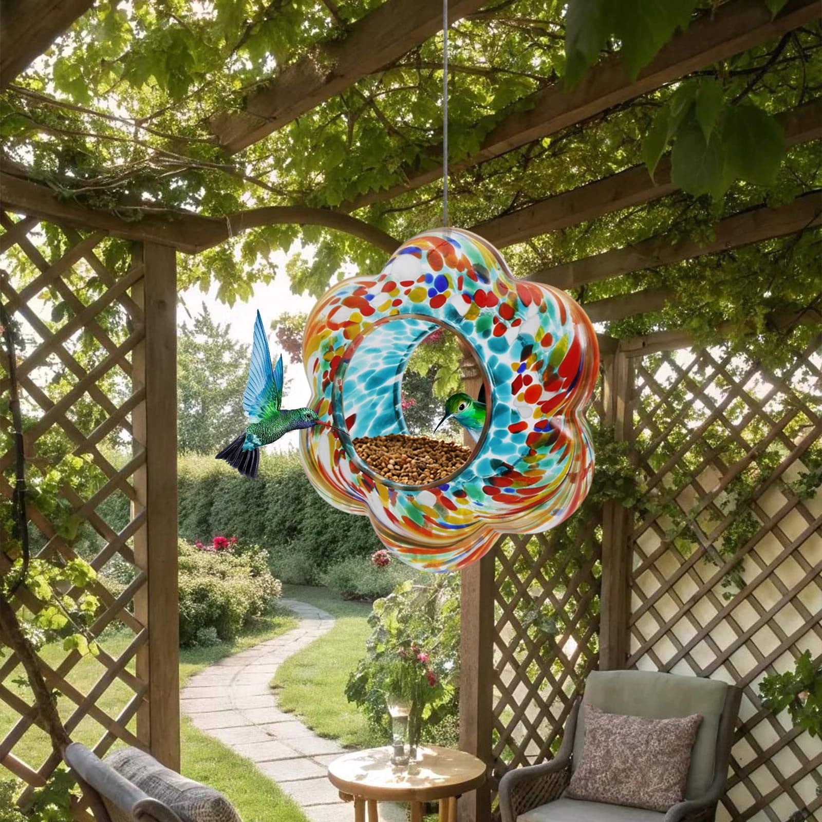 Flower Shaped Stained Glass Hummingbird Feeder, Hand Painted Polka Dot Glass, Outdoor Garden Station with Perch Rings