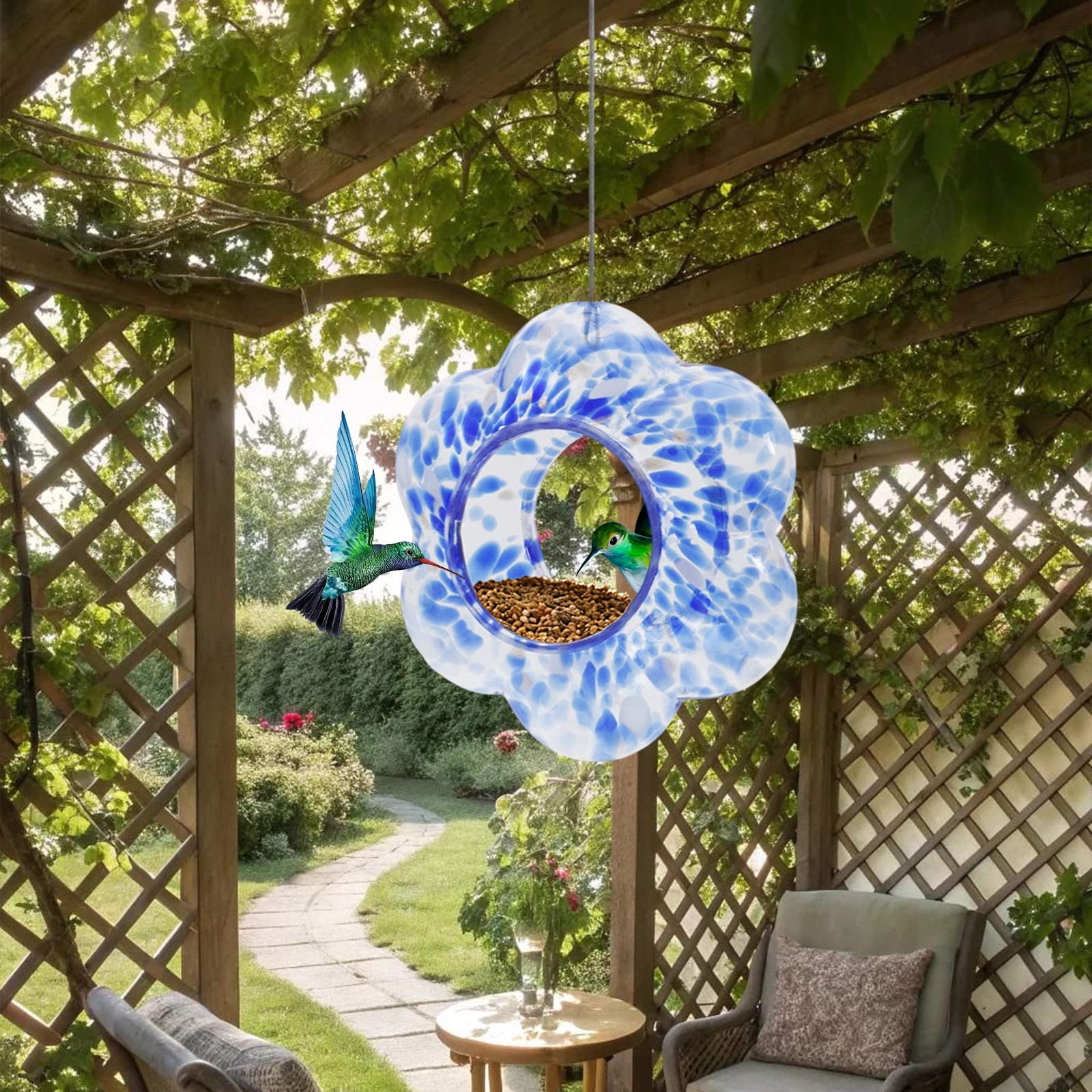 Flower Shaped Stained Glass Hummingbird Feeder, Hand Painted Polka Dot Glass, Outdoor Garden Station with Perch Rings