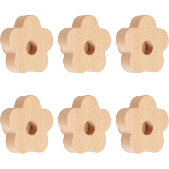 Flower Shaped Wooden Knobs,6pcs Natural Handmade Wood Knob Single Hole Beech Wood Handles for Drawer Wardrobe Cabinet Dresser with Screws& Expansion Tube Wood