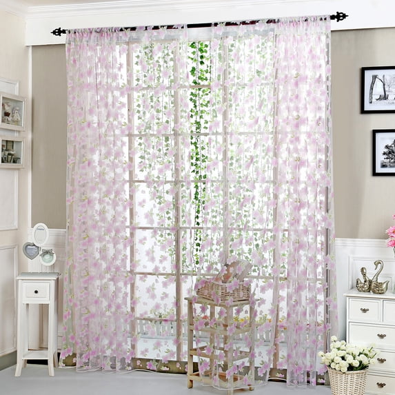 Flower Sheer Curtain Voile Drape Valance, Modern Floral Pattern Fabric, Washable Window for Living Room, Bedroom, and Dining Room