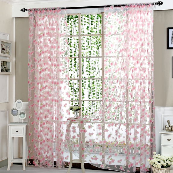 Flower Sheer Curtain Voile Drape Valance, Modern Floral Pattern Fabric, Washable Window for Living Room, Bedroom, and Dining Room