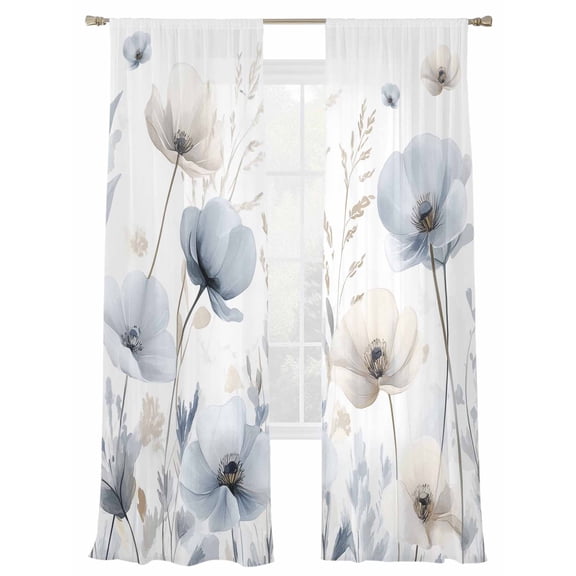 Flower Sheer Curtains 2 Panels Set Yellow Green Sheer Window Curtains Light Filtering Rod Pocket Voile Drapes for Bedroom Living Room 52"X96"