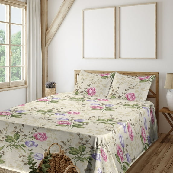 Ambesonne Flower Fitted & Flat Sheet with Shams 4 Pcs Set, Garden Vintage Floral Print, Queen, Pale Camel Pale Pink