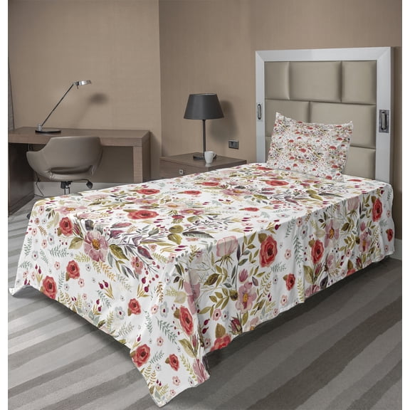 Ambesonne Vintage Fitted & Top Sheet Set with Sham, Romantic Feminine Spring, Multicolor