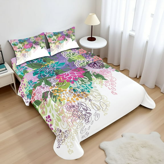 Ambesonne Flower Fitted & Top Sheet Set with Shams, Vintage Boho Inspiration, White Violet