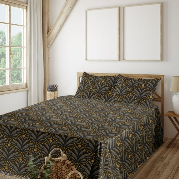 Ambesonne Flower Fitted & Flat Sheet with Shams 4 Pcs Set, Silhouettes of Blossoms Art, Queen, Marigold Charcoal Grey