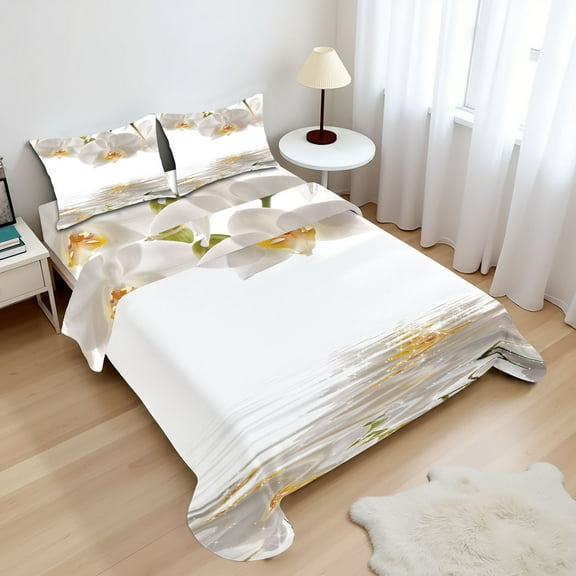 Ambesonne Flower Fitted & Top Sheet Set with Shams, Orchids on Rippling Water, Off White Orange