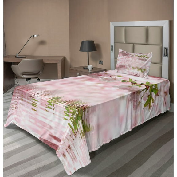 Flower Sheet Set, Tender Pastel Pink Tones Floral Branch on Rippling Water with Reflection, Fitted and Flat Sheet with Pillowcase Bedding Accent 3 Piece Set, Twin, Pale Pink Fern Green, by Ambesonne