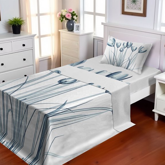 Ambesonne Flower Fitted & Top Sheet Set with Sham, Tulips with Solar Effect, Dark Petrol Blue White