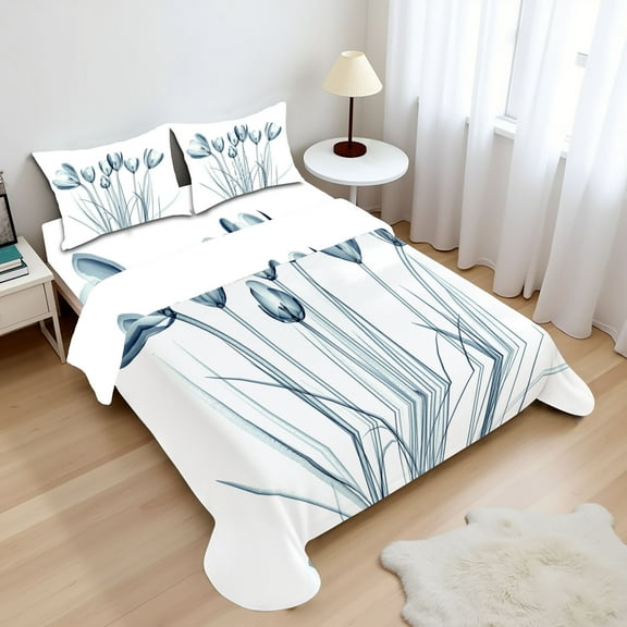 Flower Sheet Set, X-ray Image of Tulips Solarized Effect Nature Inspired, Fitted and Flat Sheet with Pillowcases Bedding Accent 4 Piece Set, King, Dark Petrol Blue White, by Ambesonne