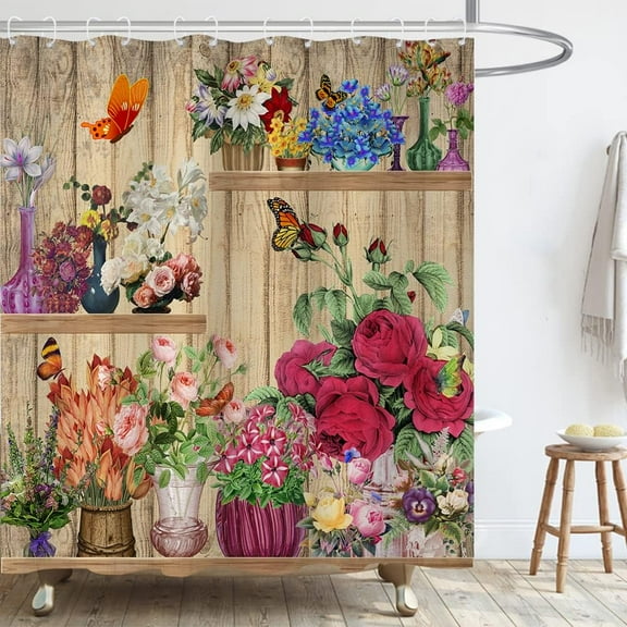 Flower Shelves Shower Curtain Rustic Floral Potted Wooden Board Decorations Shower Curtains Farmhouse Botanic Potted Shelf Shower Curtain Set for Bathroom with Hooks 72x72 Inch