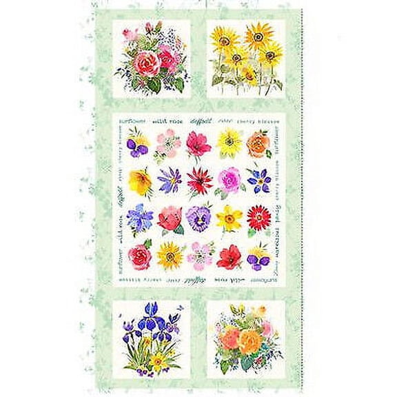 Flower Shop Floral Panel Mint Green 24x44 inch Cotton Fabric Clothworks
