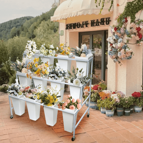 Multilayer Metal Floral Display Stand with 12 Decorative Buckets, Mobile Flower Bar Stand on Wheels, Perfect for Wedding Reception, Garden Party, Banquet Hall