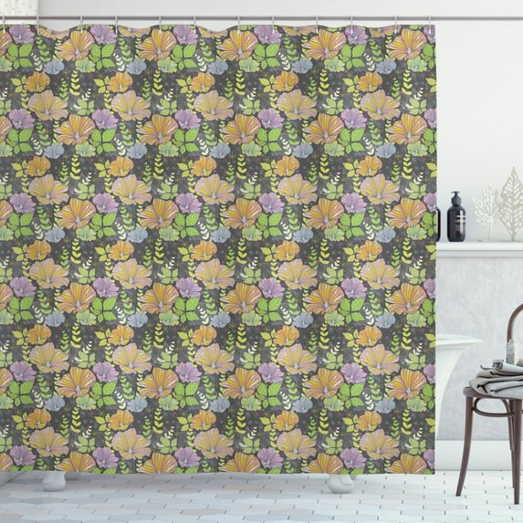 Flower Shower Curtain, Abstract Botanical Composition with Romantic Pastel Colored Flowers and Leaves Print, Fabric Bathroom Set with Hooks, 69W X 75L Inches Long, Multicolor, by Ambesonne
