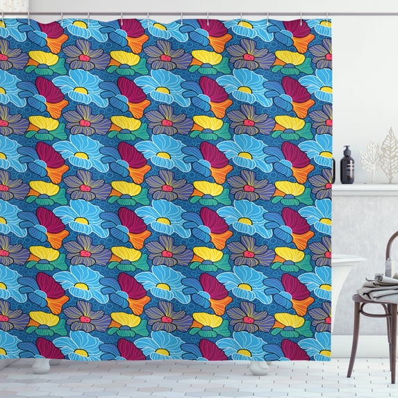 Flower Shower Curtain, Artistic Foliage Petals in Vibrant Colors Reflecting Lively Spring Nature Concept, Fabric Bathroom Set with Hooks, 69W X 75L Inches Long, Multicolor, by Ambesonne