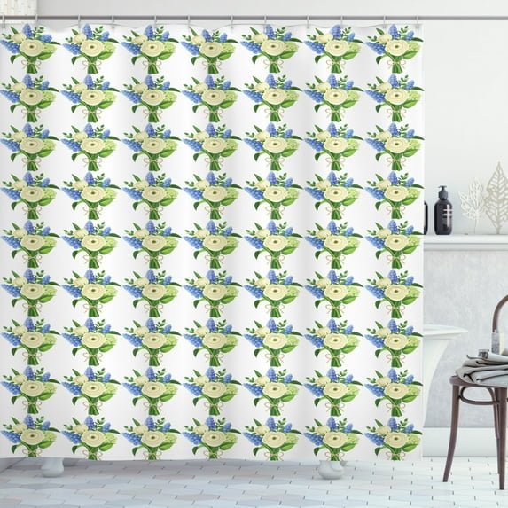 Flower Shower Curtain, Bouquets of Ranunculus Grape Hyacinth Flowers of Spring Season, Fabric Bathroom Set with Hooks, 69W X 84L Inches Extra Long, Fern Green Ivory Violet Blue, by Ambesonne