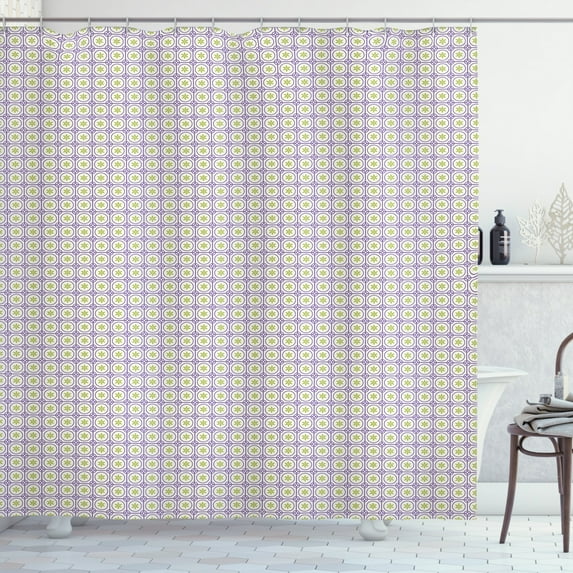 Flower Shower Curtain, Continuous Circles and Floral Modules in Square Grid Pattern Design, Fabric Bathroom Set with Hooks, 69W X 75L Inches Long, Cream Violet and Pale Green, by Ambesonne