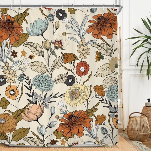 Flower Shower Curtain Set Vintage Retro Burnt Orange Blossom Botanical Plant Polyester Waterproof Cloth Bathroom Curtain with Hooks-72"W x 74"L (Pack of 1)