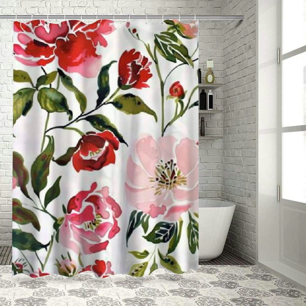 Flower Shower Curtain Set Watercolor Floral Flowing Pink Bathroom